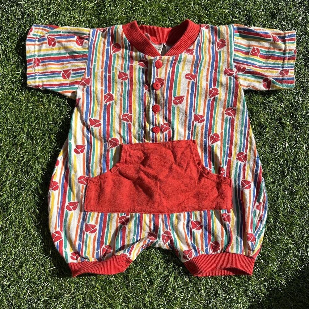 Vintage Day Sportswear Baby Romper 6/9M Striped Romper Rainbow‎ Sailboat